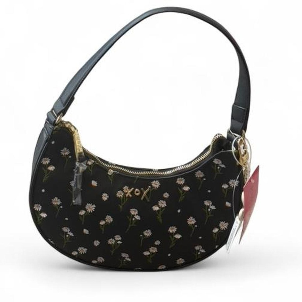 Betsey Johnson Black Daisy Embroidered Crescent‎ Hobo Bag